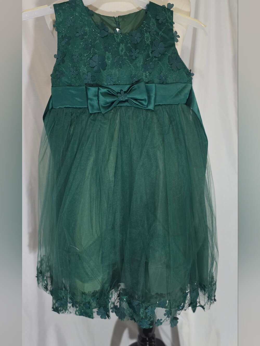 Girls Emerald Green Floral Lace & Tulle Party Dress with Bow